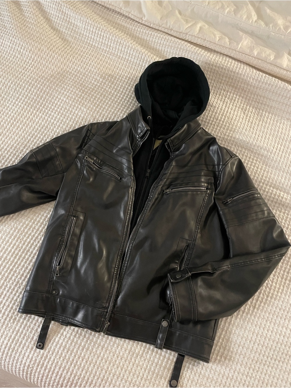 Black Men's Faux Leather Zip Jacket with Hood